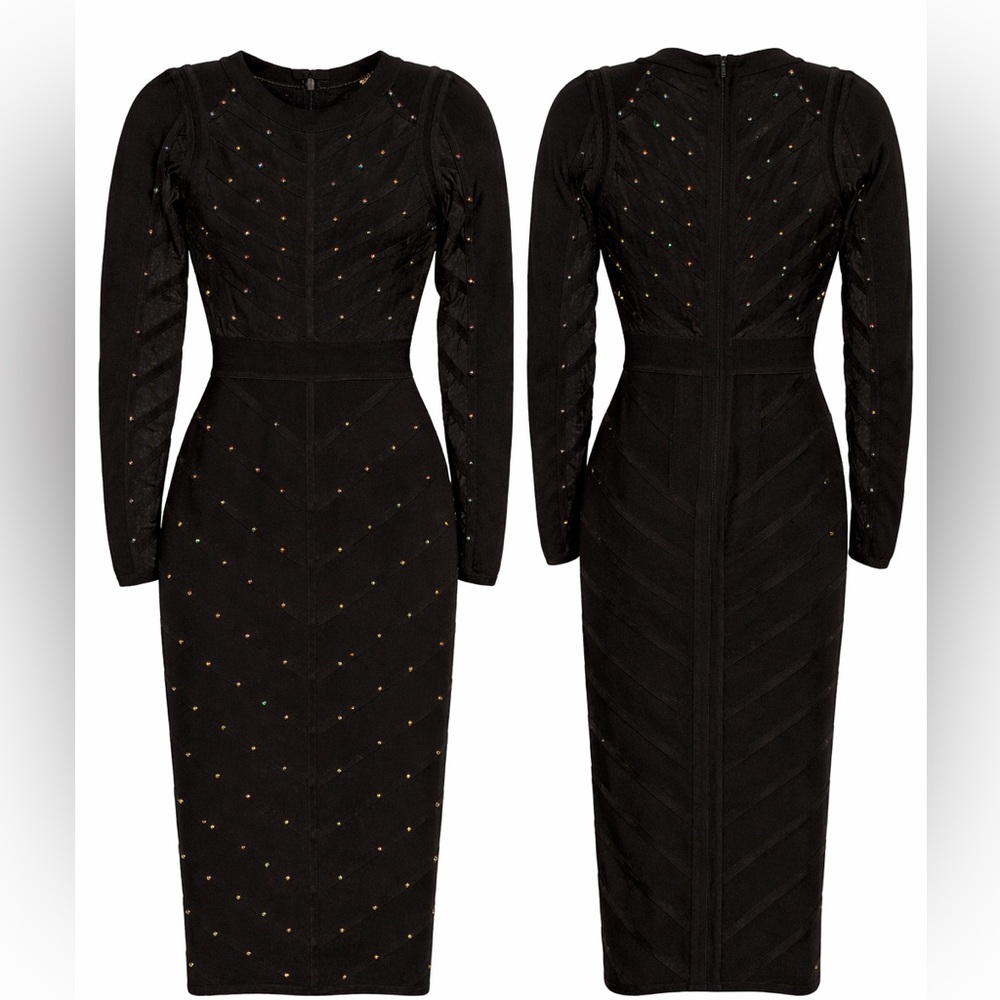 NWT Alberto Makali Black Studded Chevron Long Sleeve Dress